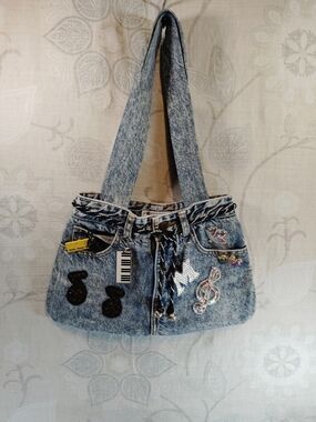 George Marciano For Guess Denim Shoulder Bag with Embellished Accents - Blue